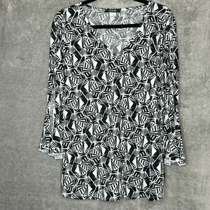 Arabella 3X Shirt Top Black Geometric Split Bell 3/4 Sleeve V Neck Stretch Women